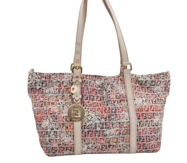 Authentic FENDI Zucchino Flower Shoulder Tote Bag Canvas Leather Pink 0987I