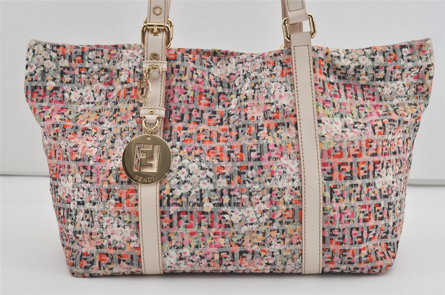 Authentic FENDI Zucchino Flower Shoulder Tote Bag Canvas Leather Pink 0987I