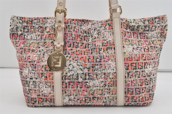 Authentic FENDI Zucchino Flower Shoulder Tote Bag Canvas Leather Pink 0987I