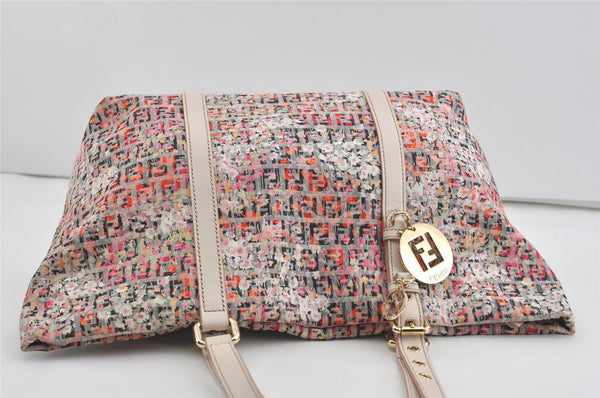 Authentic FENDI Zucchino Flower Shoulder Tote Bag Canvas Leather Pink 0987I