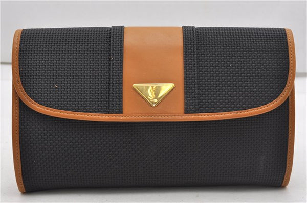 Authentic YVES SAINT LAURENT Clutch Hand Bag Purse PVC Leather Black 0988G