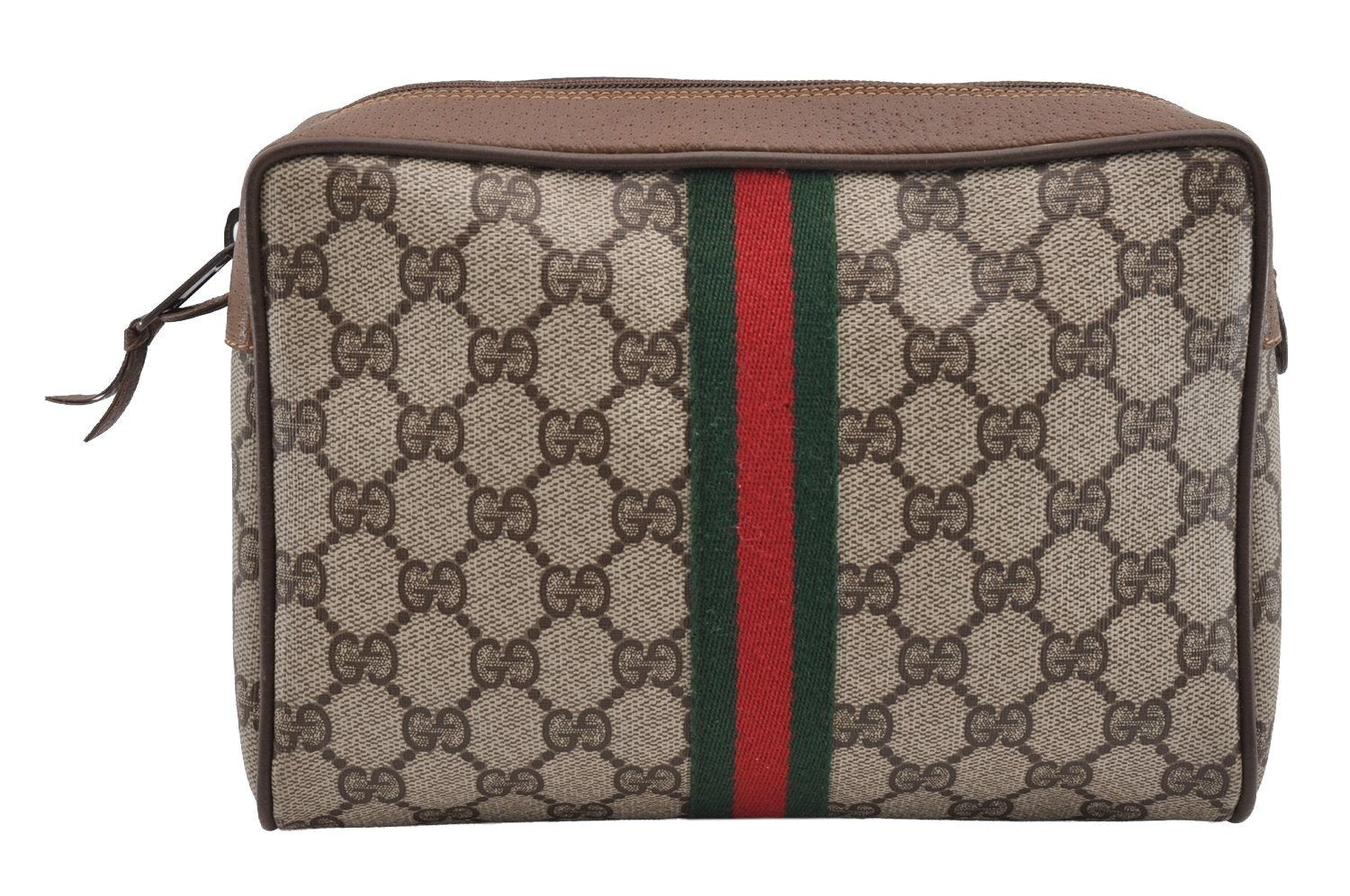 Authentic GUCCI Web Sherry Line Clutch Hand Bag Purse GG PVC Leather Brown 0988I