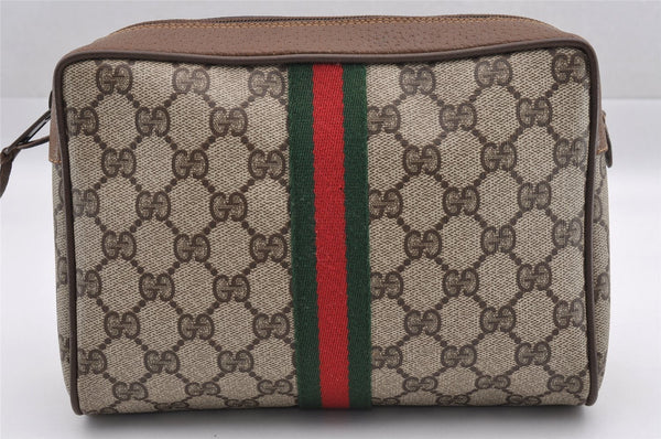 Authentic GUCCI Web Sherry Line Clutch Hand Bag Purse GG PVC Leather Brown 0988I