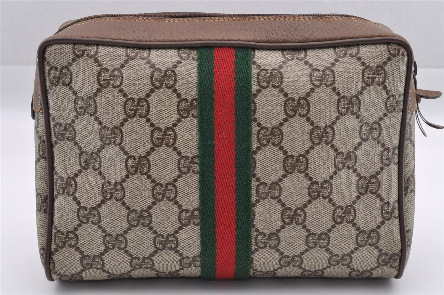 Authentic GUCCI Web Sherry Line Clutch Hand Bag Purse GG PVC Leather Brown 0988I