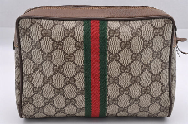 Authentic GUCCI Web Sherry Line Clutch Hand Bag Purse GG PVC Leather Brown 0988I