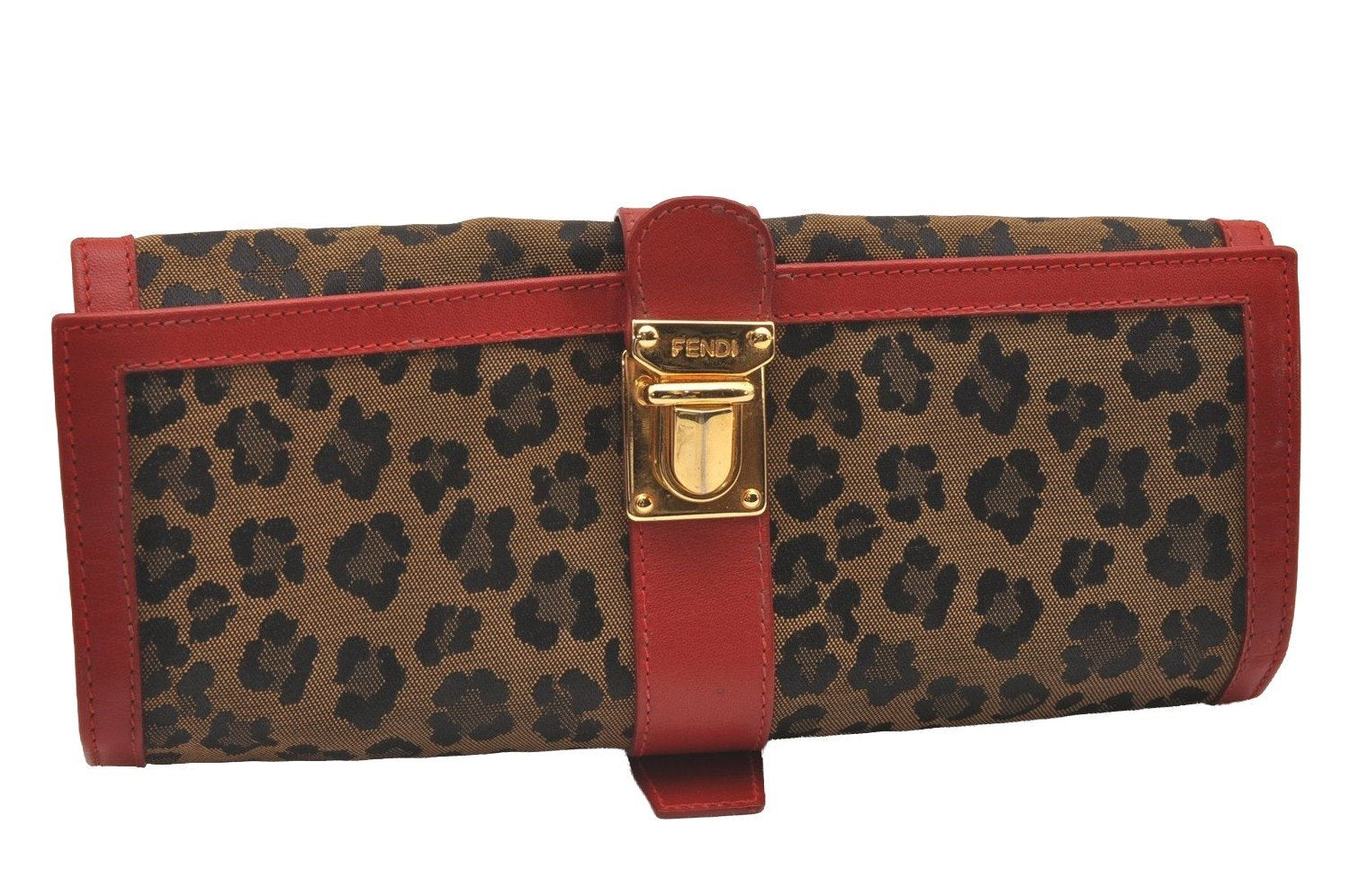 Authentic FENDI Leopard Accessory Pouch Purse Canvas Leather Brown Red 0990I