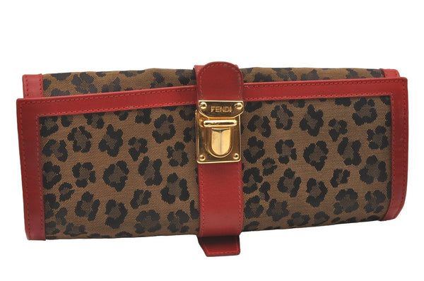 Authentic FENDI Leopard Accessory Pouch Purse Canvas Leather Brown Red 0990I