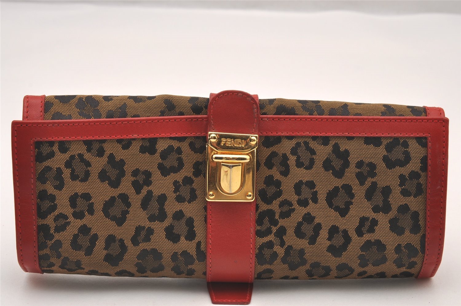Authentic FENDI Leopard Accessory Pouch Purse Canvas Leather Brown Red 0990I