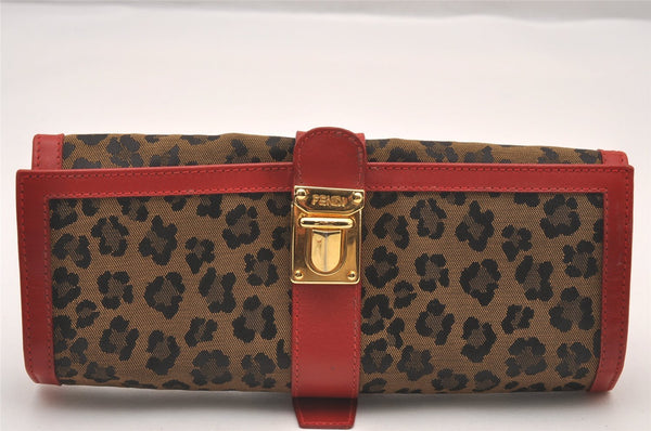 Authentic FENDI Leopard Accessory Pouch Purse Canvas Leather Brown Red 0990I