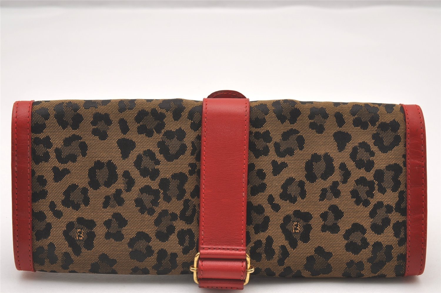 Authentic FENDI Leopard Accessory Pouch Purse Canvas Leather Brown Red 0990I
