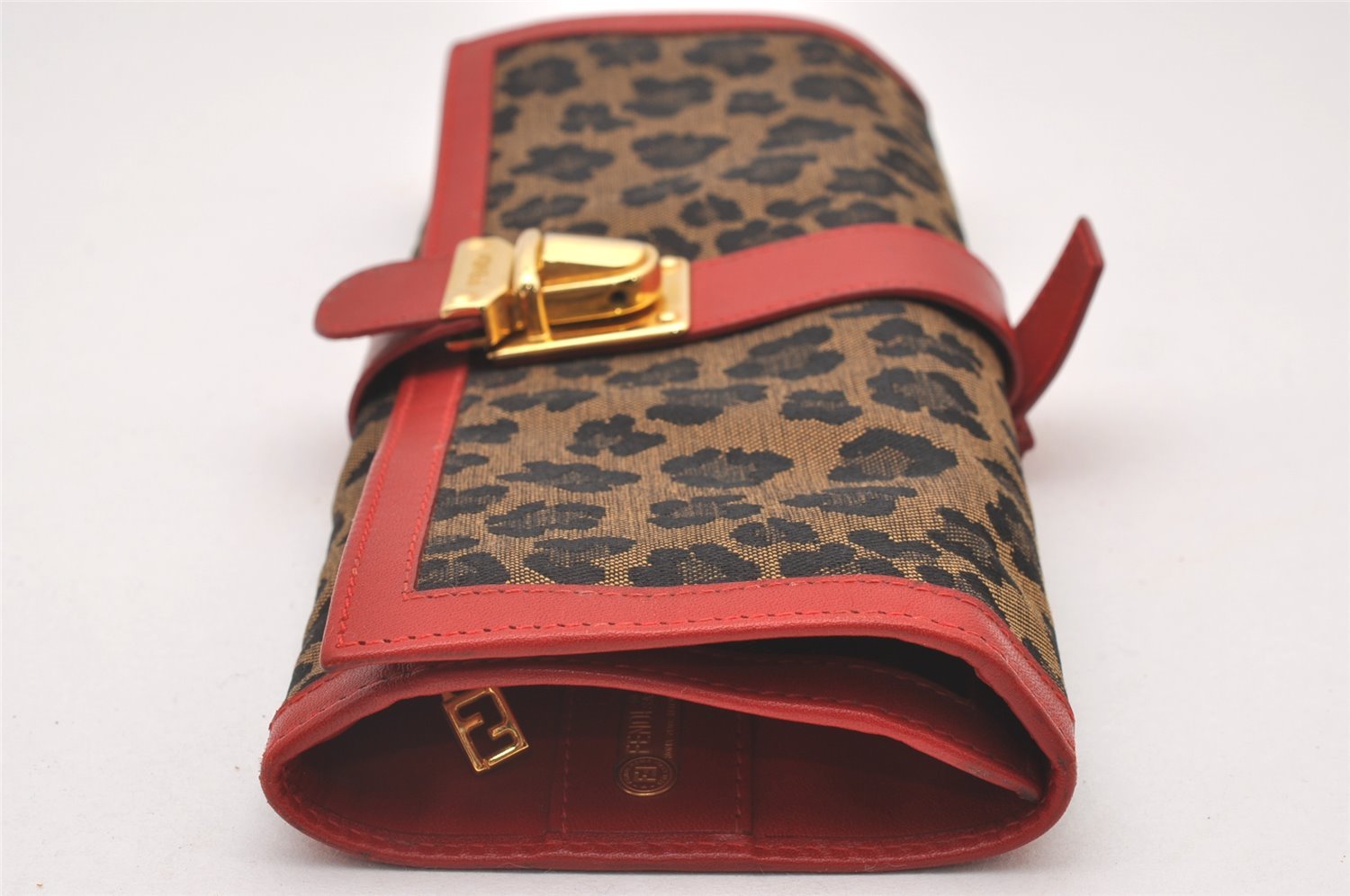 Authentic FENDI Leopard Accessory Pouch Purse Canvas Leather Brown Red 0990I