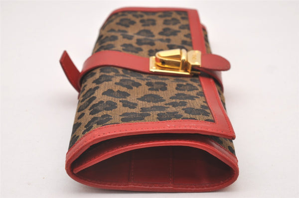 Authentic FENDI Leopard Accessory Pouch Purse Canvas Leather Brown Red 0990I