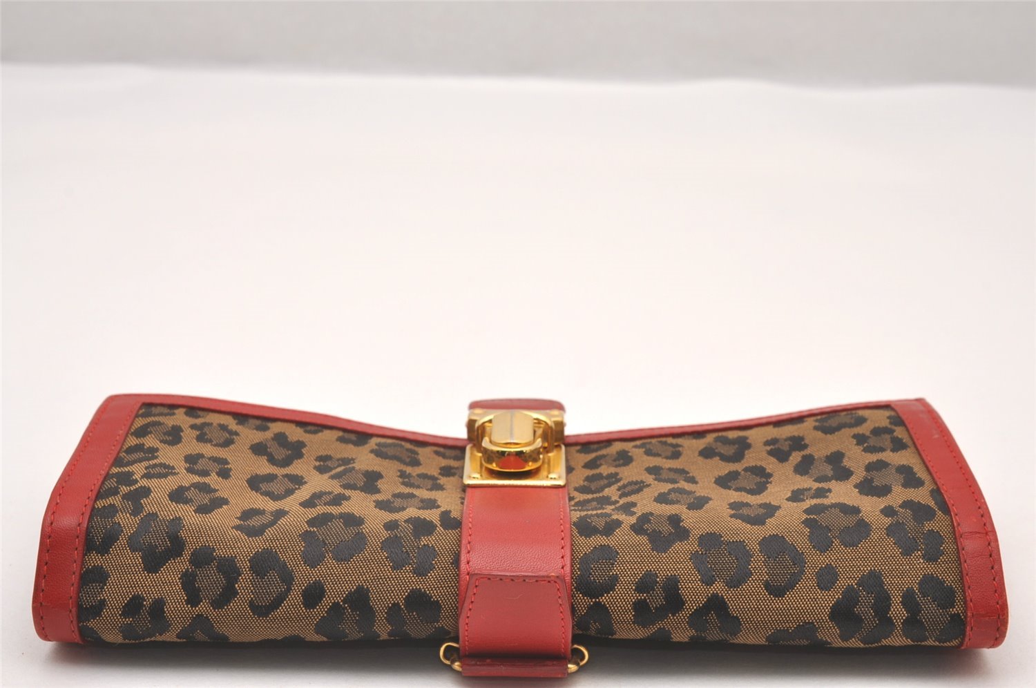 Authentic FENDI Leopard Accessory Pouch Purse Canvas Leather Brown Red 0990I