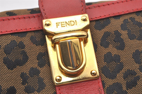 Authentic FENDI Leopard Accessory Pouch Purse Canvas Leather Brown Red 0990I