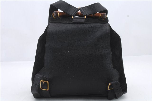 Authentic GUCCI Bamboo Shoulder Backpack Suede Leather Black 0992D