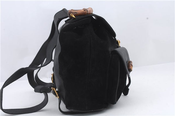 Authentic GUCCI Bamboo Shoulder Backpack Suede Leather Black 0992D