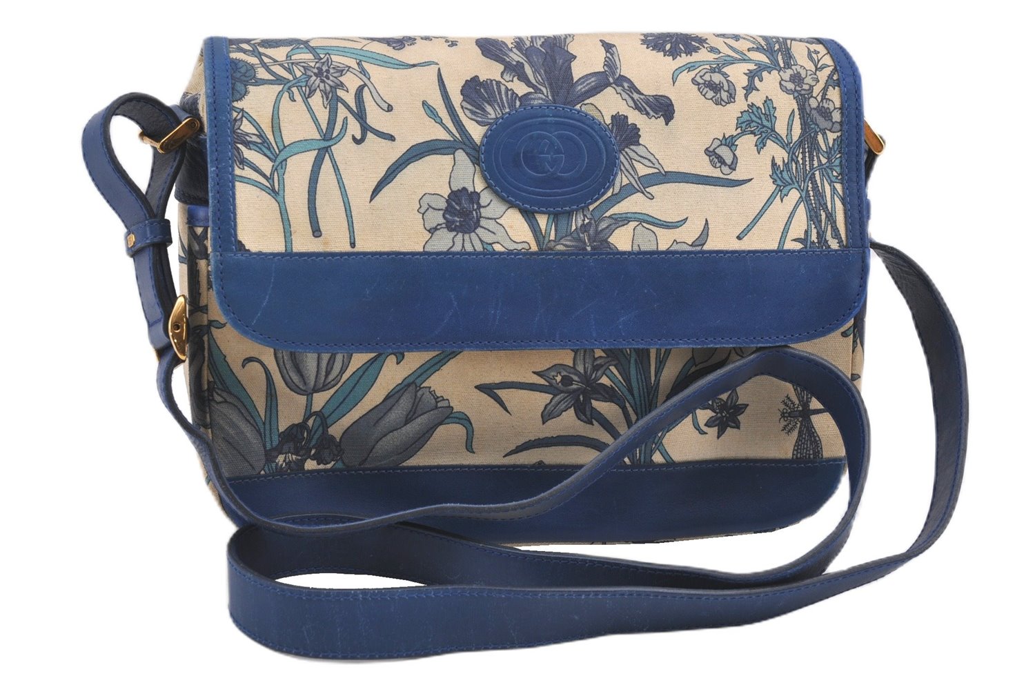 Authentic GUCCI Flora Shoulder Cross Body Bag Canvas Leather Blue Ivory 0994G
