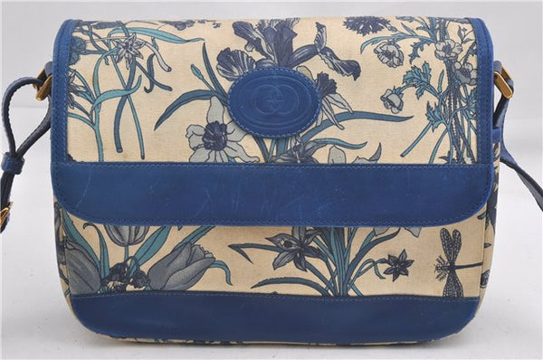 Authentic GUCCI Flora Shoulder Cross Body Bag Canvas Leather Blue Ivory 0994G