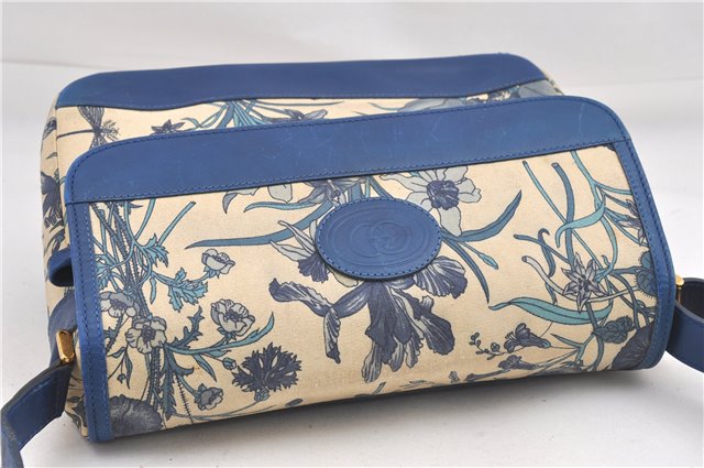 Authentic GUCCI Flora Shoulder Cross Body Bag Canvas Leather Blue Ivory 0994G