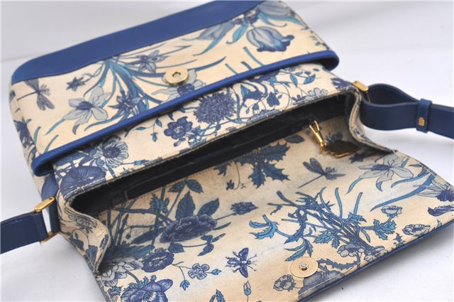 Authentic GUCCI Flora Shoulder Cross Body Bag Canvas Leather Blue Ivory 0994G
