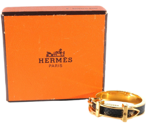 Authentic HERMES Scarf Ring Belt Design Gold Tone Black Box 1005F