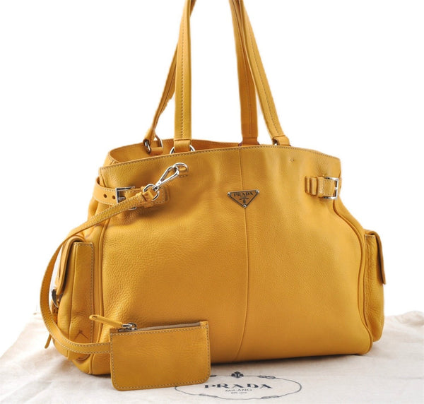Authentic PRADA Vintage Leather Shoulder Hand Bag Yellow 1005G