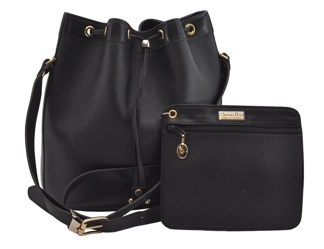 Authentic Christian Dior Honeycomb Drawstring Bag PVC Leather Black CD 1015I