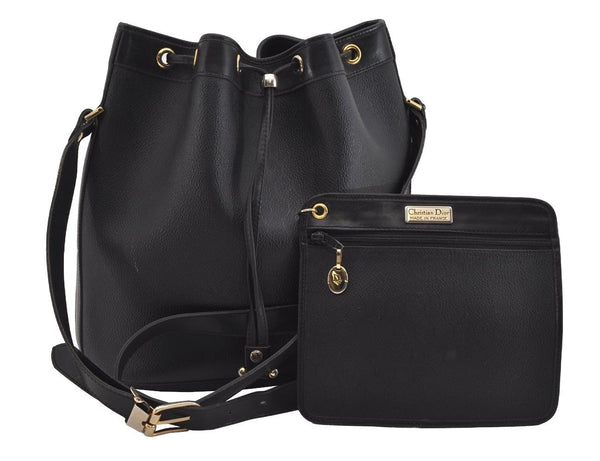 Authentic Christian Dior Honeycomb Drawstring Bag PVC Leather Black CD 1015I