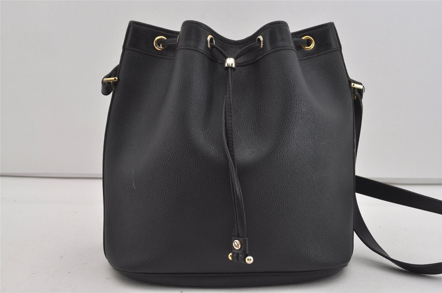 Authentic Christian Dior Honeycomb Drawstring Bag PVC Leather Black CD 1015I
