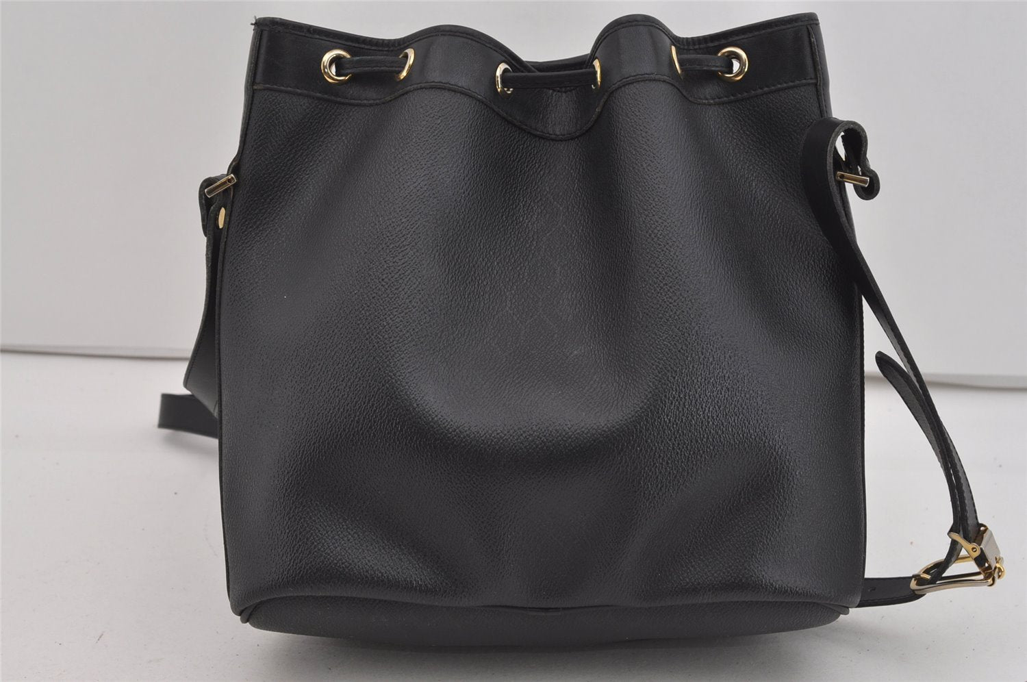 Authentic Christian Dior Honeycomb Drawstring Bag PVC Leather Black CD 1015I