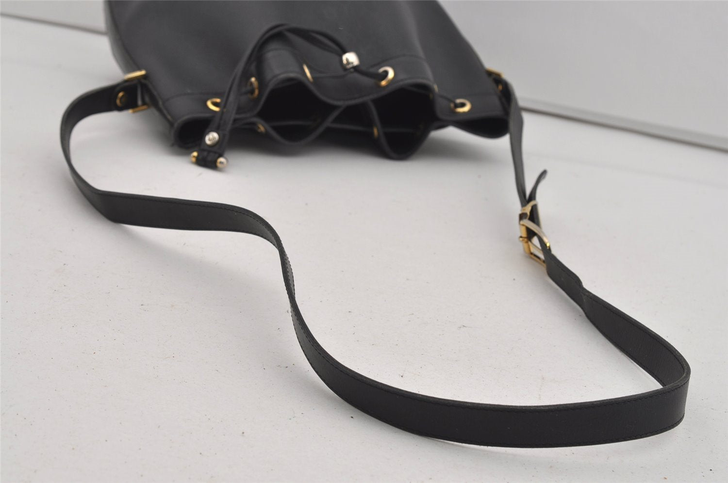 Authentic Christian Dior Honeycomb Drawstring Bag PVC Leather Black CD 1015I
