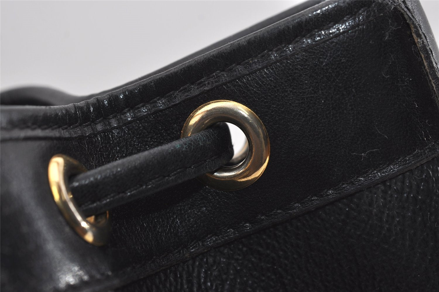 Authentic Christian Dior Honeycomb Drawstring Bag PVC Leather Black CD 1015I