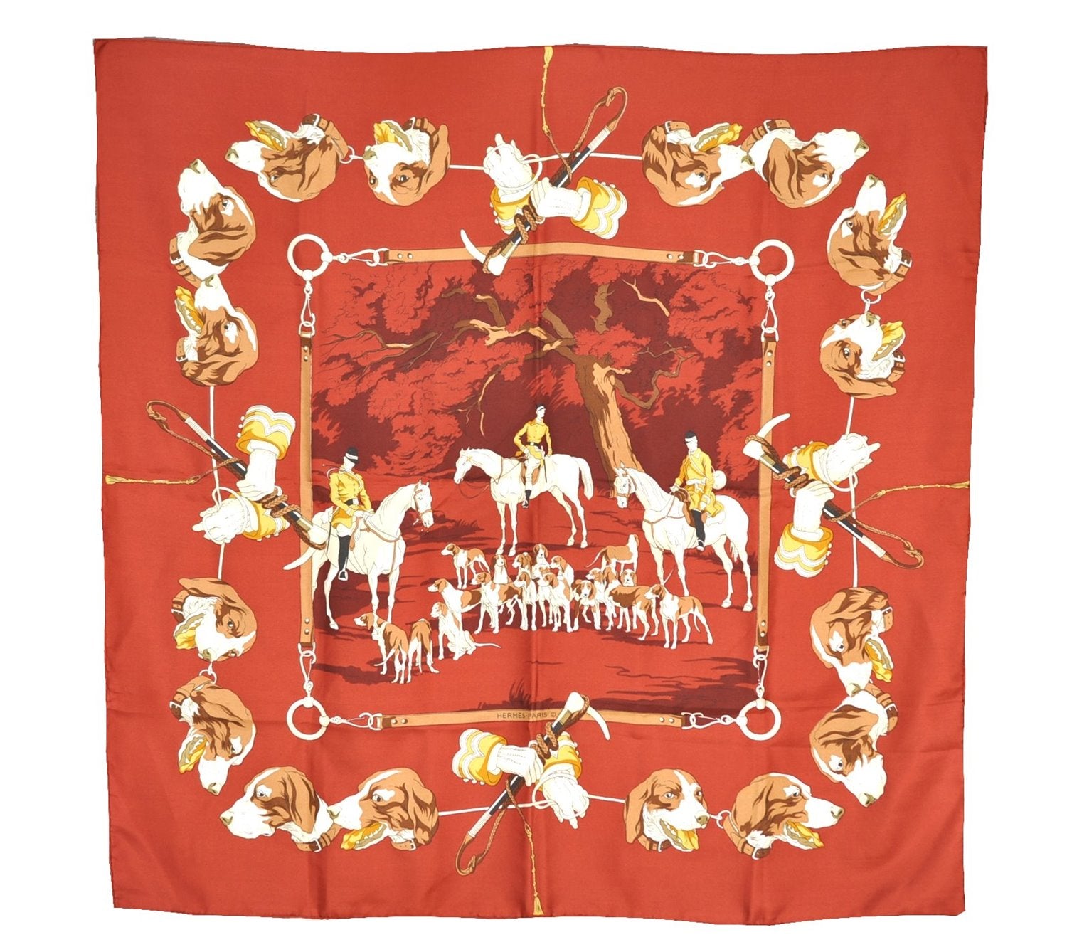 Authentic HERMES Carre 90 Scarf Dog Horse Riding Motif Silk Red 1024G