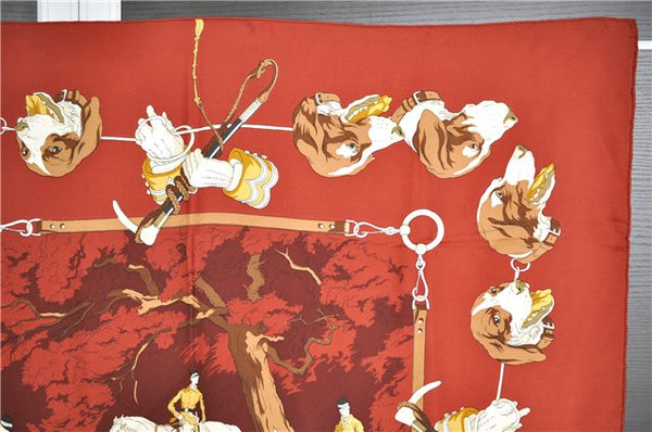 Authentic HERMES Carre 90 Scarf Dog Horse Riding Motif Silk Red 1024G