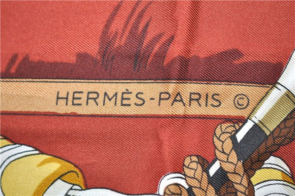 Authentic HERMES Carre 90 Scarf Dog Horse Riding Motif Silk Red 1024G