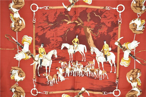 Authentic HERMES Carre 90 Scarf Dog Horse Riding Motif Silk Red 1024G