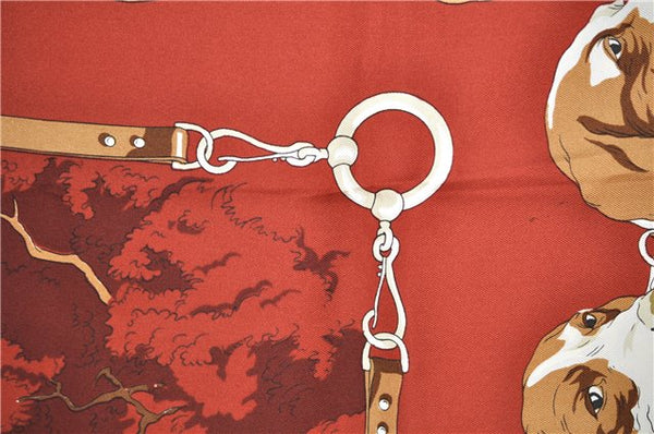 Authentic HERMES Carre 90 Scarf Dog Horse Riding Motif Silk Red 1024G