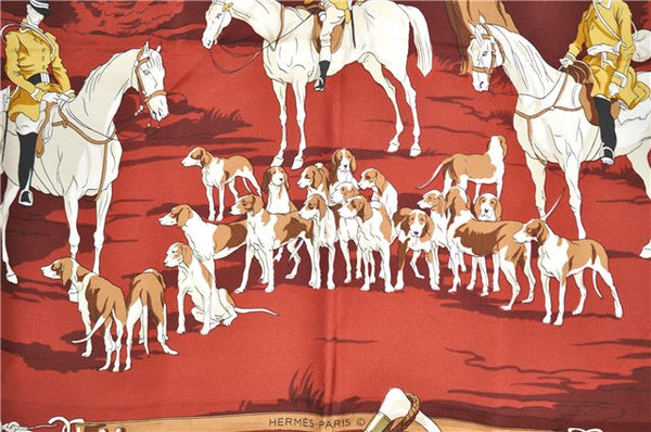 Authentic HERMES Carre 90 Scarf Dog Horse Riding Motif Silk Red 1024G