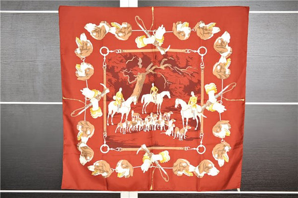 Authentic HERMES Carre 90 Scarf Dog Horse Riding Motif Silk Red 1024G