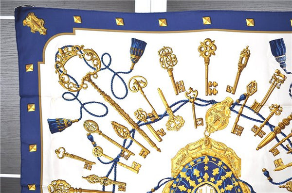 Authentic HERMES Carre 90 Scarf "LES CLES" Silk Navy 1025G