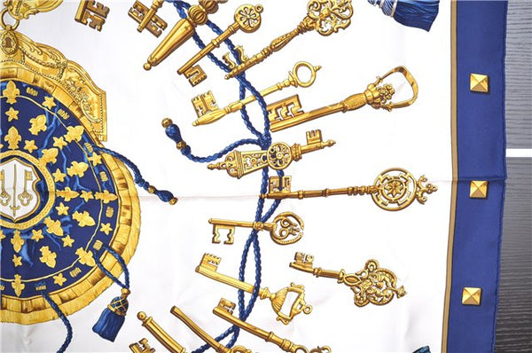 Authentic HERMES Carre 90 Scarf "LES CLES" Silk Navy 1025G