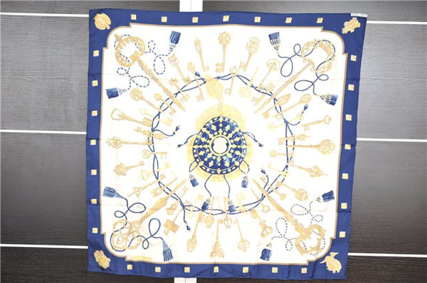 Authentic HERMES Carre 90 Scarf "LES CLES" Silk Navy 1025G