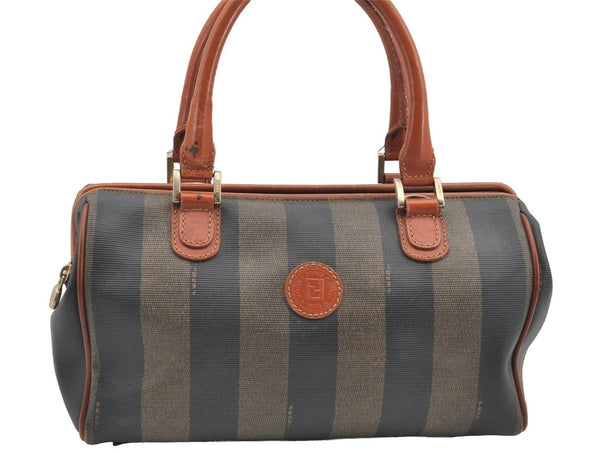 Authentic FENDI Pequin 2Way Hand Bag Purse PVC Leather Brown Black 1025I