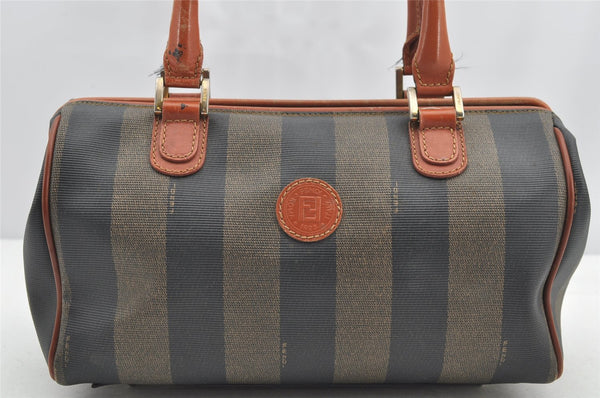 Authentic FENDI Pequin 2Way Hand Bag Purse PVC Leather Brown Black 1025I