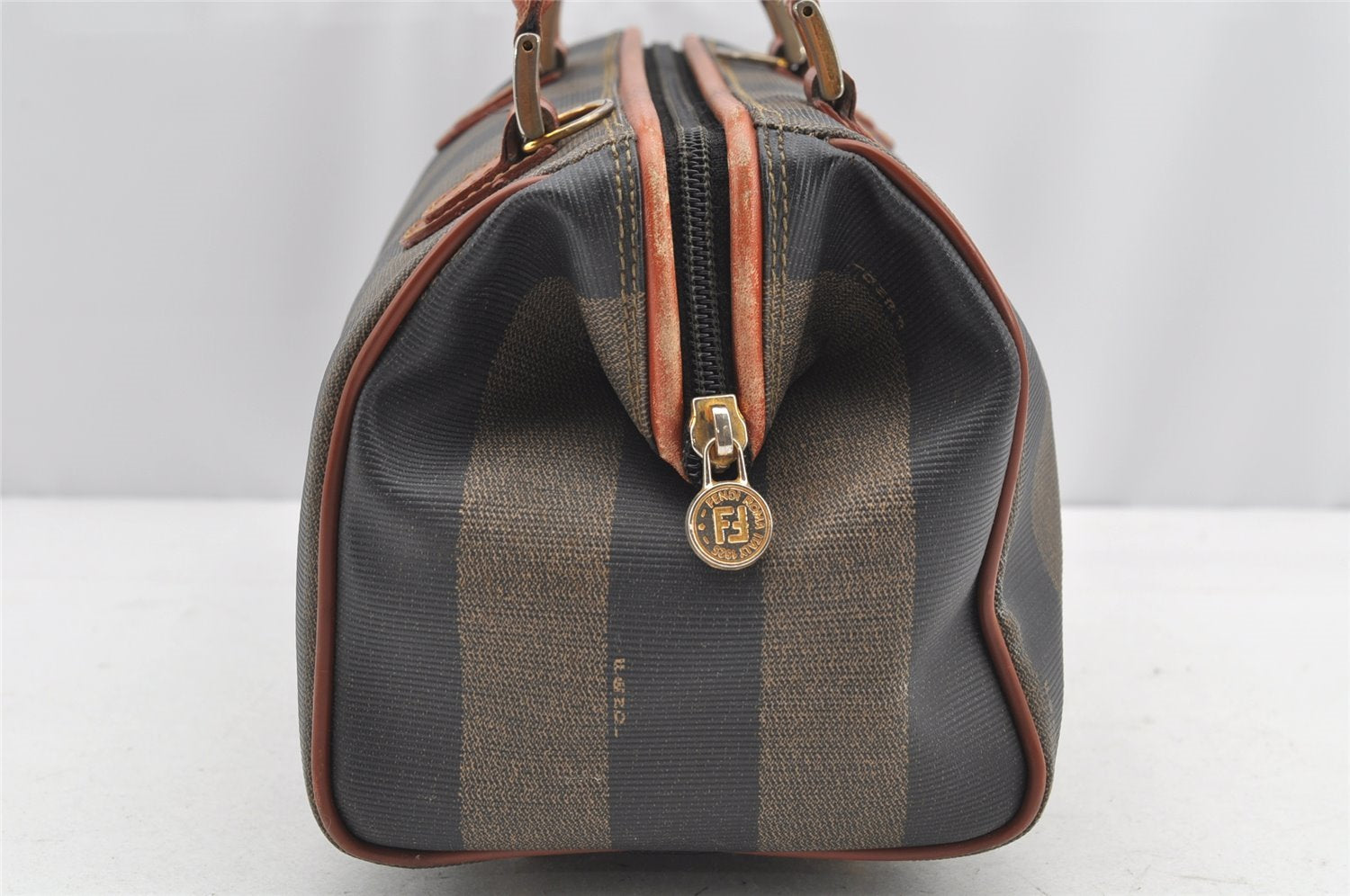 Authentic FENDI Pequin 2Way Hand Bag Purse PVC Leather Brown Black 1025I