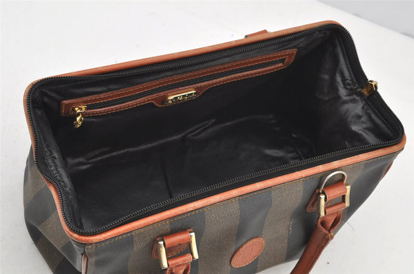 Authentic FENDI Pequin 2Way Hand Bag Purse PVC Leather Brown Black 1025I