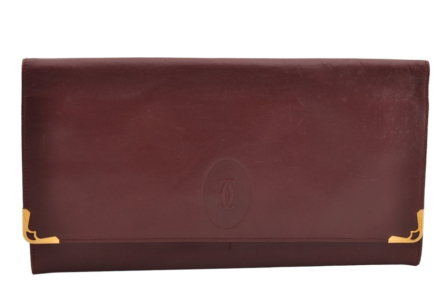 Authentic Cartier Must de Cartier Clutch Hand Bag Leather Bordeaux Red 1026I