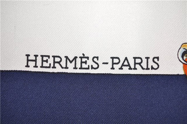 Authentic HERMES Carre 90 Scarf "Chasse a Vol" Silk Navy 1028G