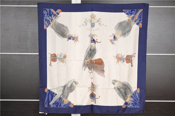 Authentic HERMES Carre 90 Scarf "Chasse a Vol" Silk Navy 1028G