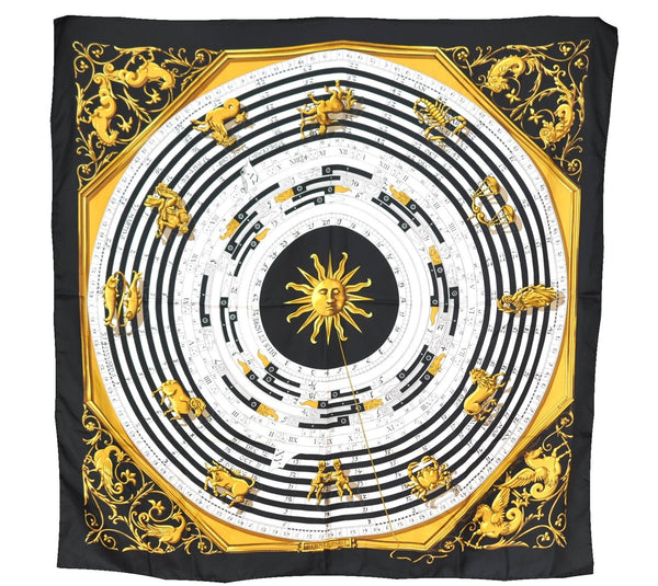 Authentic HERMES Carre 90 Scarf "DIES ET HORE" Silk Black 1029G